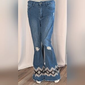 Crazy Train Blue and White Flare Jeans with Chevron Hem Size 7/28